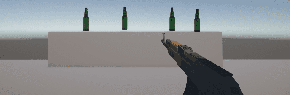 First-person weapon aiming at bottles in the FPS demo