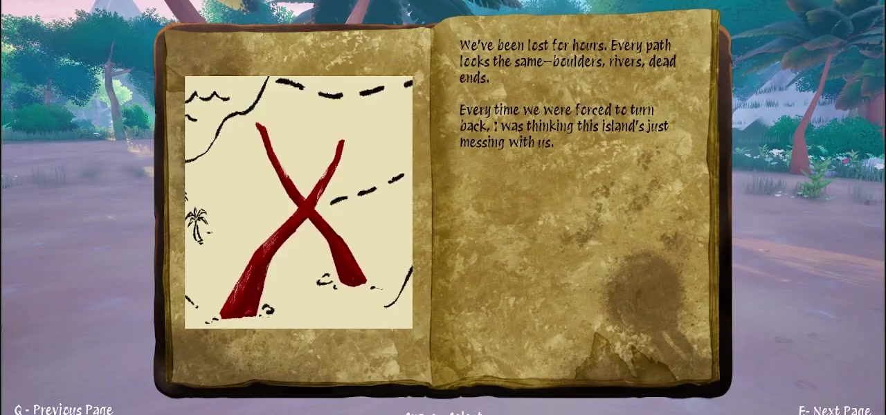 Past Path gameplay with an open illustrated journal against an island landscape