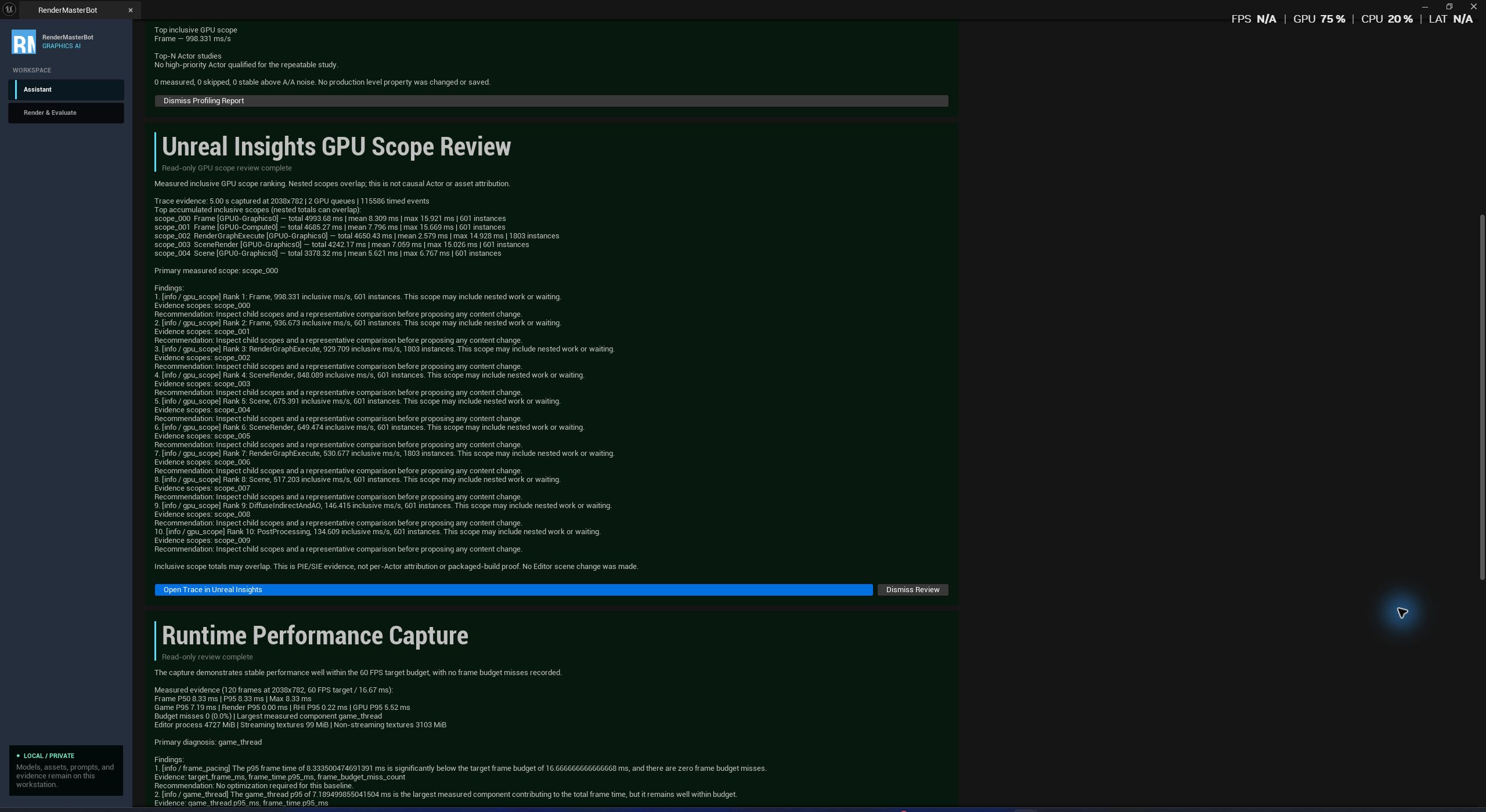 RenderMasterBot displays completed GPU scope and runtime reviews, including frame-time and GPU measurements