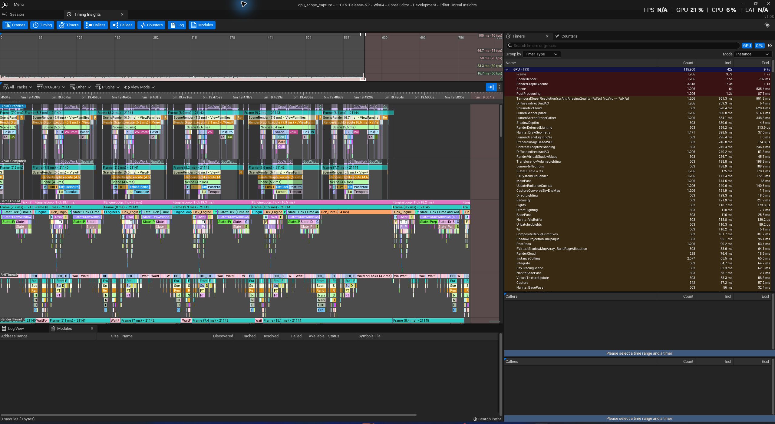 Unreal Insights timing view showing graphics and compute GPU queues, CPU threads, and nested rendering scopes